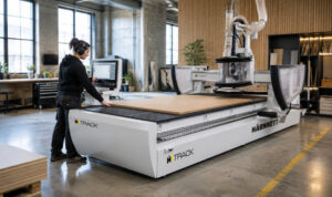Detalle de taladro CNC con robot en línea automática de mecanizado de madera