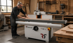 Tupí para madera con carro y eje inclinable Robland en taller de carpintería industrial