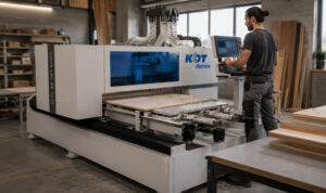Detalle de lijado de puerta de madera con lijadora orbital profesional en fabricación de carpintería