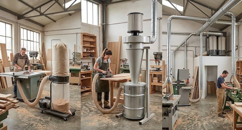 Comparativa de tipos de aspiradores de madera: saco, ciclónico y centralizado en entorno de taller profesional