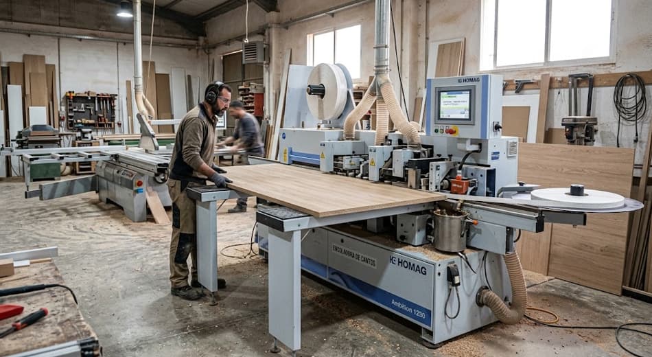Encoladora de cantos monolateral trabajando tablero de madera en taller de carpintería industrial
