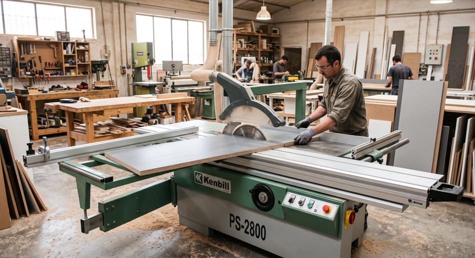 Escuadradora industrial Kenbill PS-2800 realizando cortes precisos en tablero de melamina en taller de carpintería