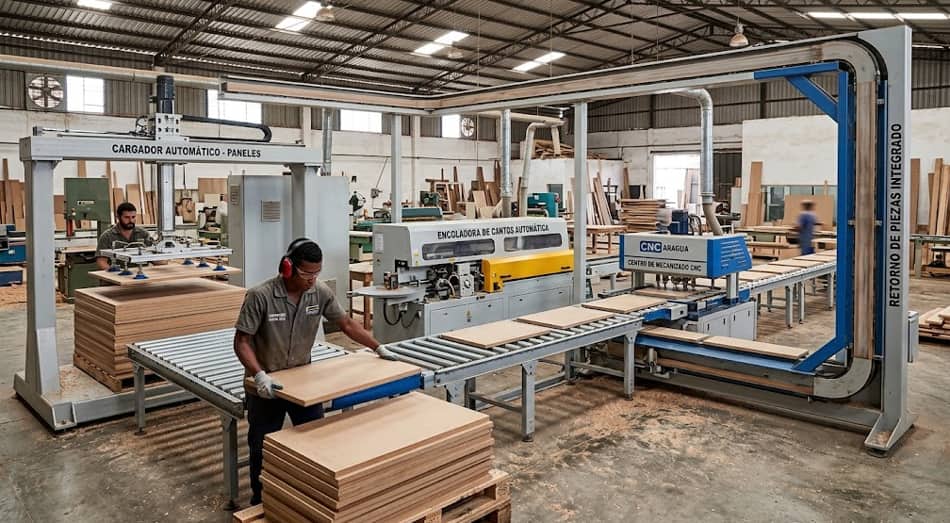 Línea de producción con cargador automático y retorno de piezas integrado en taller de carpintería industrial