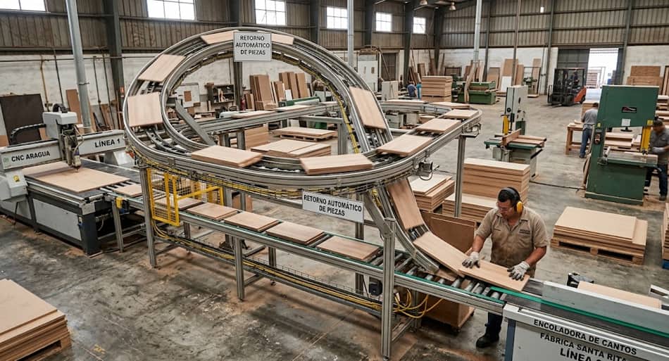 Retorno automático de piezas en línea de producción de carpintería industrial