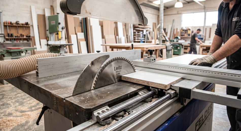 Vista del carro deslizante de una máquina escuadradora de madera profesional Robland Z500X1