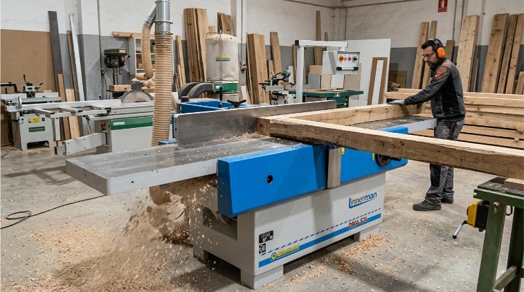 Cepilladora de madera industrial Linnerman DMA 53L en funcionamiento en taller de carpintería