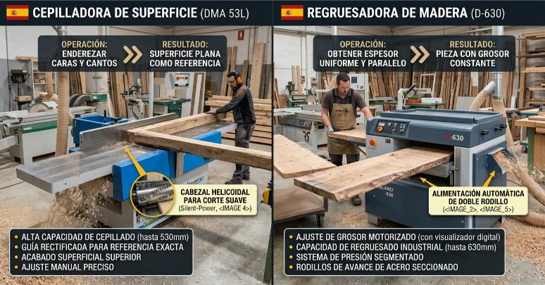 Comparativa entre cepilladora de superficie y regruesadora de madera en entorno industrial