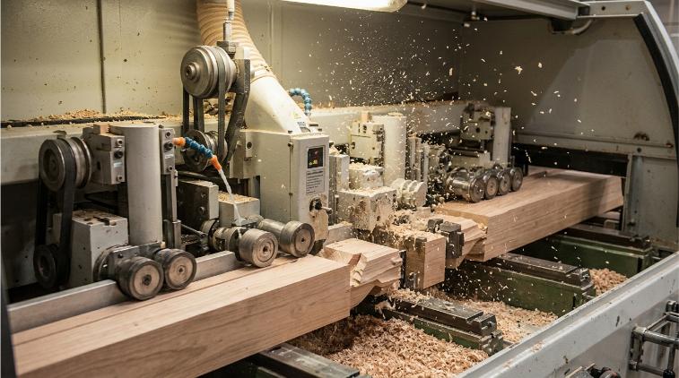 Detalle de los cabezales de una moldurera multihusillos procesando molduras de madera para puertas y ventanas