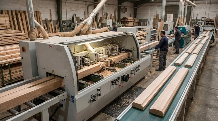 Moldurera industrial de cuatro caras trabajando perfiles de madera maciza en una línea de producción de carpintería