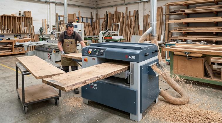 Regruesadora de madera industrial Robland D-630 en funcionamiento en taller de carpintería profesional