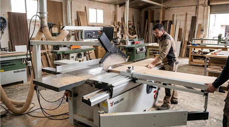 Escuadradora industrial Robland con carro deslizante cortando tablero de madera en taller de carpintería