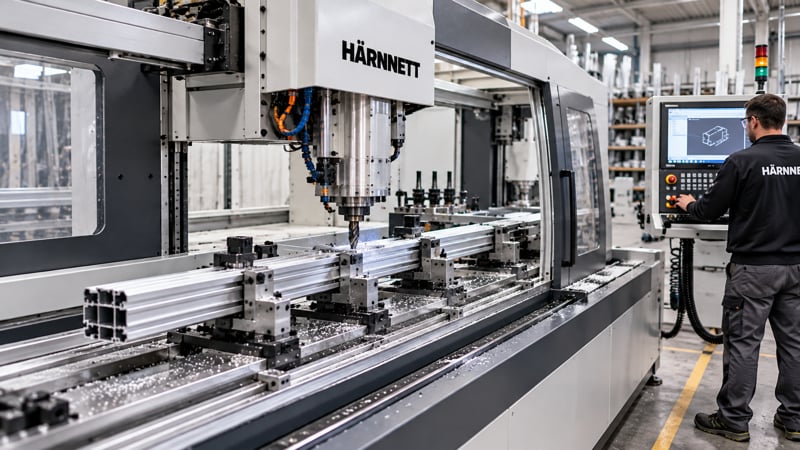 Centro de mecanizado CNC para perfiles de aluminio en taller industrial