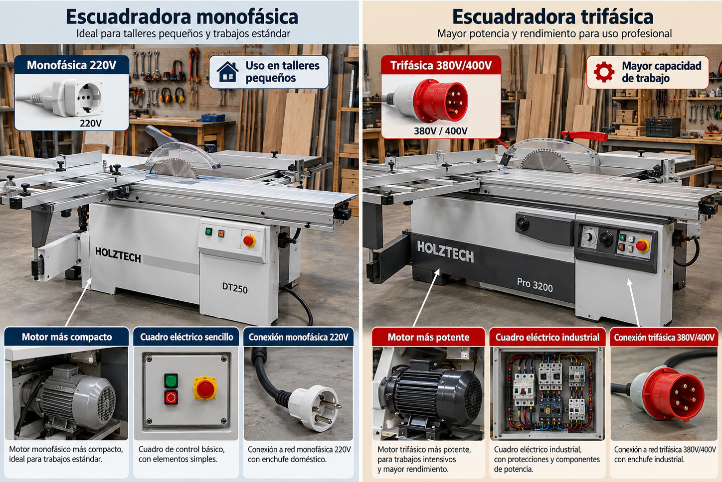 Comparativa visual entre escuadradora monofásica y trifásica mostrando diferencias en motor y cuadro eléctrico