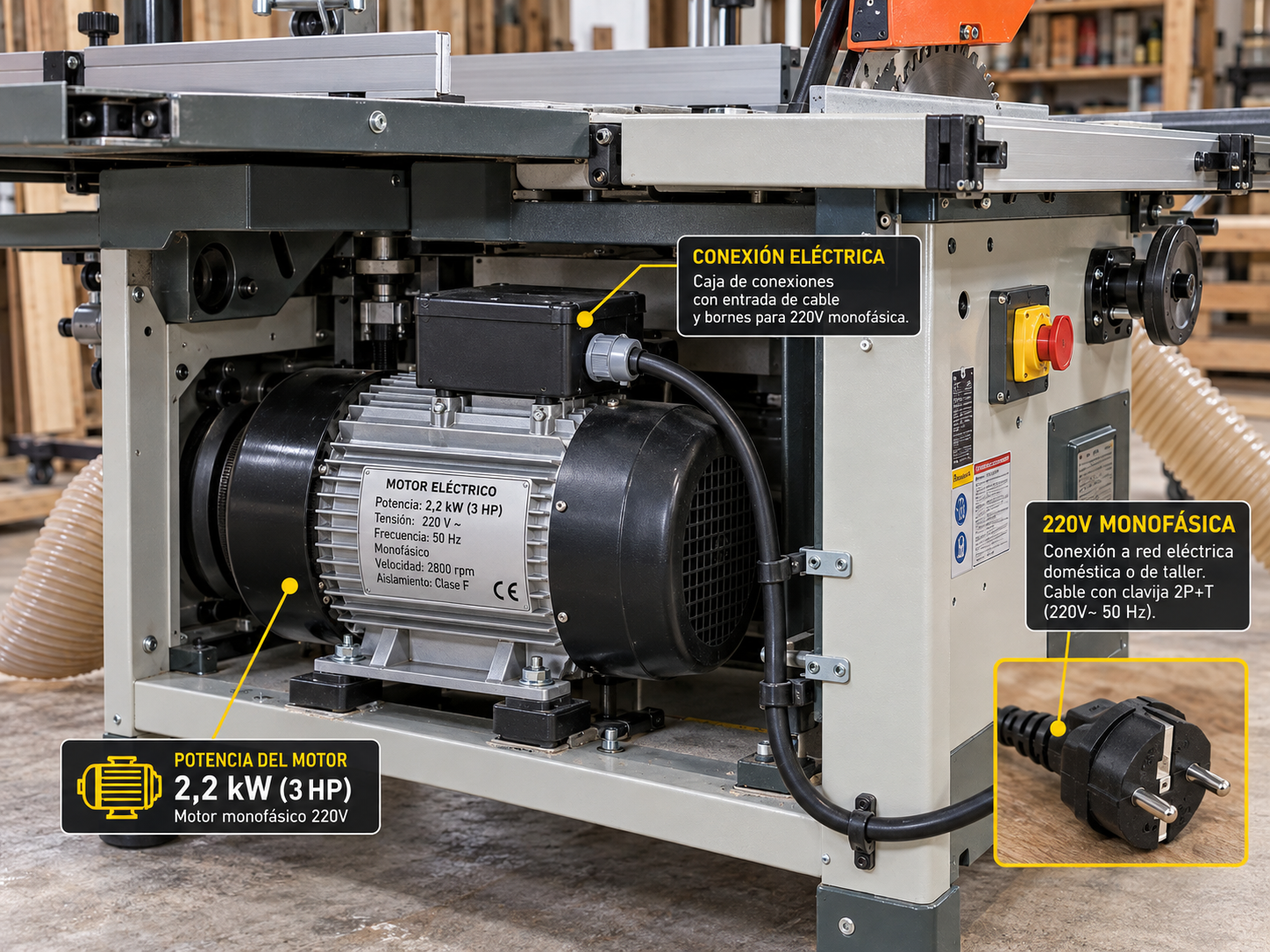 Motor de combinada carpintería 220v: detalle de potencia y conexión eléctrica monofásica